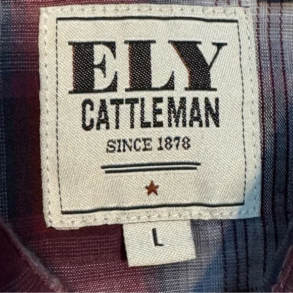 Excellent! Ely Cattleman men’s burgundy grey white plaid western shirt size L - Picture 4 of 6